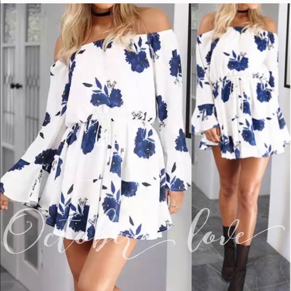 Off shoulder floral dress Blueberry white color - Picture 1 of 3